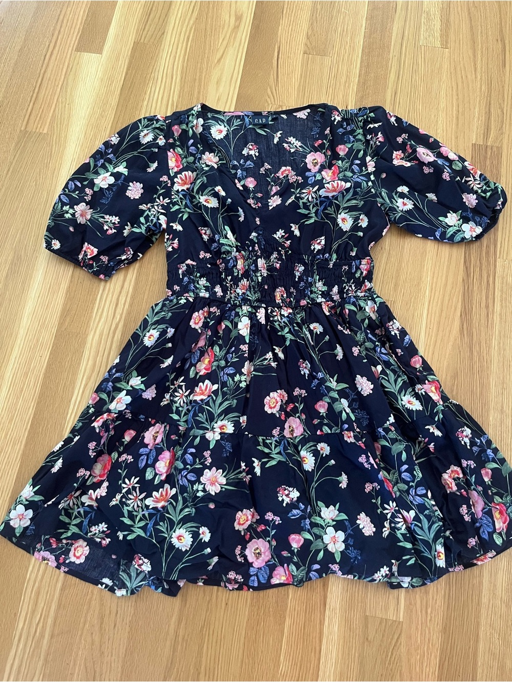 GAP Navy Floral Smocked Waist Puff Sleeve Dress